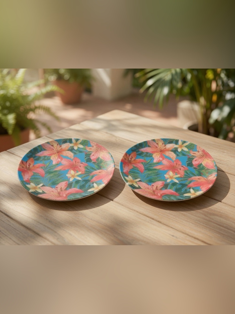 Tommy Bahama 11” Melamine Plates Set of 2 Tropical Lily Floral Shimmer Outdoor